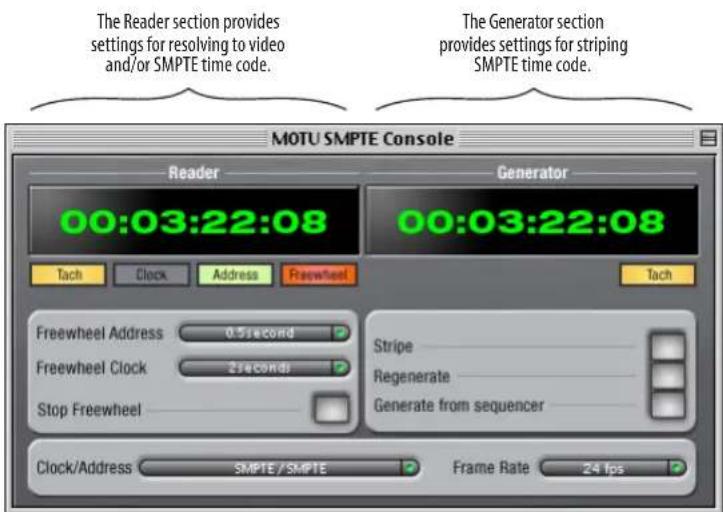 The Reader section provides settings for resolving to video and/or SMPTE time code. The Generator section provides settings for striping SMPTE time code. MOTU SMPTE Console Reader 00:03:22:08 Generator 00:03:22:08 Tach Clock Address Freewheel Tach Freewheel Address 0.5second Freewheel Clock 2seconds Stop Freewheel Stripe Regenerate Generate from sequencer Clock/Address SMPTE/SMPTE Frame Rate 24 fps