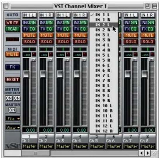 VST Channel Mixer 1 AUTO IN 1 L IN 1 R IN 1 L IN 1 R IN 1 L IN 1 R WRITE INS DIN INS DIN INS DIN INS DIN IN 2 L READ FX EQ FX EQ FX EQ FX EQ IN 2 R IN 1 B INS DIN INS DIN MUTE MUTE MUTE MUTE IN 3 L IN 3 R FX EQ FX EQ SOLO SOLO SOLO SOLO IN 4 L IN 4 R MUTE MUTE SOLO FX -∞ -∞ -∞ -∞ IN 5 L SOLO SOLO RESET IN 6 L IN 6 R METER HOLD RAST IN 7 L IN 7 R ON ON IN 8 L IN 8 R MASTER ON IN 9 L IN 9 R ON ON IN 10 L IN 10 R File In 11 L IN 11 R View In 12 L IN 12 B CH 7 CH 8 Ch 1 Ch 2 Ch 3 Ch 4 Ch 5 Ch 6 Ch 7 Ch 8 Master Master Master Master Master Master Master Master Master Master
