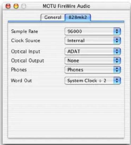 MOTU FireWire Audio General 828mk2 Sample Rate 96000 Clock Source Internal Optical Input ADAT Optical Output None Phones Phones Word Out System Clock ÷ 2