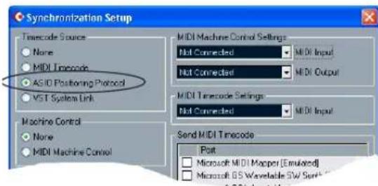 Synchronization Setup Timecode Source None MIDI Timecode AS ID Positioning Protocol VST System Link Machine Control None MIDI Machine Control MIDI Machine Control Settings Not Connected MIDI Input Not Connected MIDI Output MIDI Timecode Settings Not Connected MIDI Input Send MIDI Timecode Port Microsoft MIDI Mapper (Emulated) Microsoft BS Waveletable SW Sent