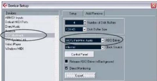Device Setup Devices AMICO Inputs Default MIDI Parts DirectMusic Session MSCI Linux VSP Systems Ltd. Video Player Windows MIDI Setup Add/Remove 4 Number of Disk Buttons 120 KB Disk Buffer Size MSCI Linux Audio AGIO Driver Internal Clock Source Control Panel Release AGIO Driver in Background Direct Monitoring Export