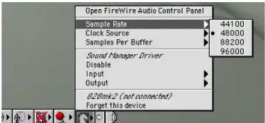 Open FireWire Audio Control Panel Sample Rate 44100 Clock Source 48000 Samples Per Buffer 88200 Sound Manager Driver 96000 Disable Input Output 828mk2 (not connected) Forget this device