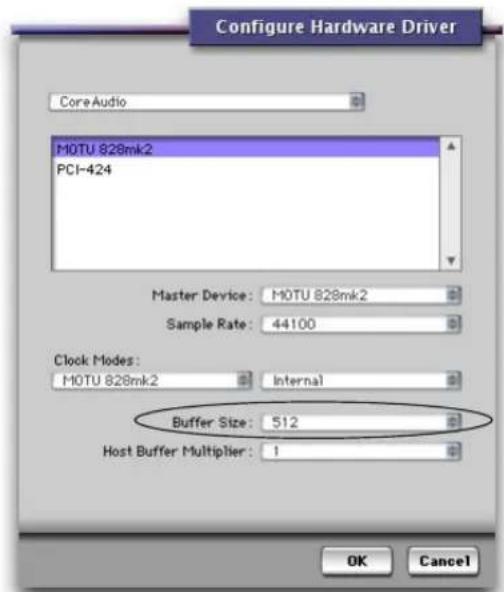 Configure Hardware Driver Core Audio MOTU 828mk2 PCI-424 Master Device: MOTU 828mk2 Sample Rate: 44100 Clock Modes: MOTU 828mk2 Internal Buffer Size: 512 Host Buffer Multiplier: 1 OK Cancel