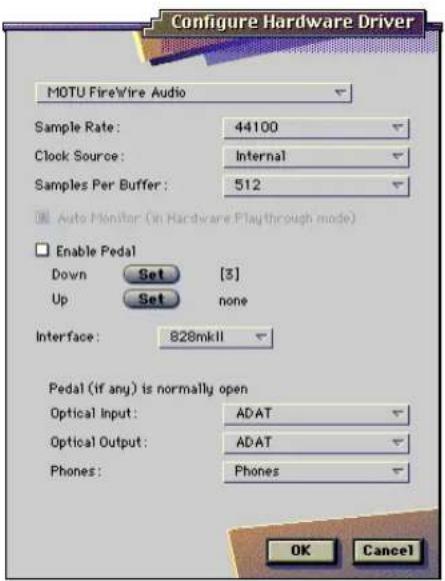 Configure Hardware Driver MOTU FireWire Audio Sample Rate: 44100 Clock Source: Internal Samples Per Buffer: 512 Auto Monitor (in Hardware Playthrough mode) Enable Pedal Down Set [3] Up Set none Interface: 828mkII Pedal (if any) is normally open Optical Input: ADAT Optical Output: ADAT Phones: Phones OK Cancel