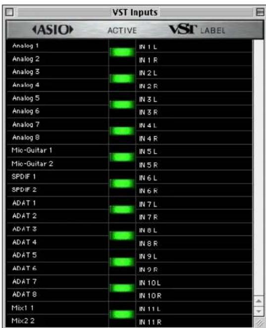 VST Inputs ACTIVE VST LABEL Analog 1 IN 1 L Analog 2 IN 1 R Analog 3 IN 2 L Analog 4 IN 2 R Analog 5 IN 3 L Analog 6 IN 3 R Analog 7 IN 4 L Analog 8 IN 4 R Mic-Guitar 1 IN 5 L Mic-Guitar 2 IN 5 R SPDIF 1 IN 6 L SPDIF 2 IN 6 R ADAT 1 IN 7 L ADAT 2 IN 7 R ADAT 3 IN 8 L ADAT 4 IN 8 R ADAT 5 IN 9 L ADAT 6 IN 9 R ADAT 7 IN 10 L ADAT 8 IN 10 R Mix1 1 IN 11 L Mix2 2 IN 11 R