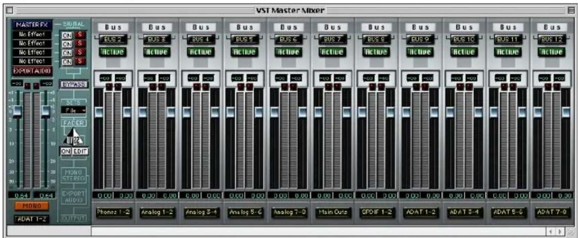 VST Master Mixer MASTER FX SIGNAL No Effect ON S No Effect ON S No Effect ON S EXPORT AUDIO BUS BUS 2 BUS 3 BUS 4 BUS 5 BUS 6 BUS 7 BUS 8 BUS 9 BUS 10 BUS 11 BUS 12 BUST BUST 2 BUST 3 BUST 4 BUST 5 BUST 6 BUST 7 BUST 8 BUST 9 BUST 10 BUST 11 BUST 12 ACTIVE ACTIVE ACTIVE ACTIVE ACTIVE ACTIVE ACTIVE ACTIVE ACTIVE OUTPUT MONO ADAT 1-2 OFFOUT ON EDIT PAXTER Analog 1-2 Analog 3-4 Analog 5-6 Analog 7-9 Main Outs CPOIF 1-2 ADAT 1-2 ADAT 3-4 ADAT 5-6 ADAT 7-9