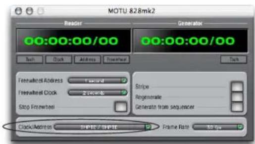 MOTU 828mk2 Reader Generator 00:00:00/00 00:00:00/00 Tech Clock Address Powerhead Freesafe Address F second Freesafe Clock 250000% Stop Freesheel Stripe Regenerate Generate from sequencer Clock/Address SPTE / SPTE Frame Rate 35 fps