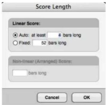 Score Length Linear Score: ● Auto: at least 4 bars long ○ Fixed: 52 bars long Non-linear (Arranged) Score: bars long Cancel OK