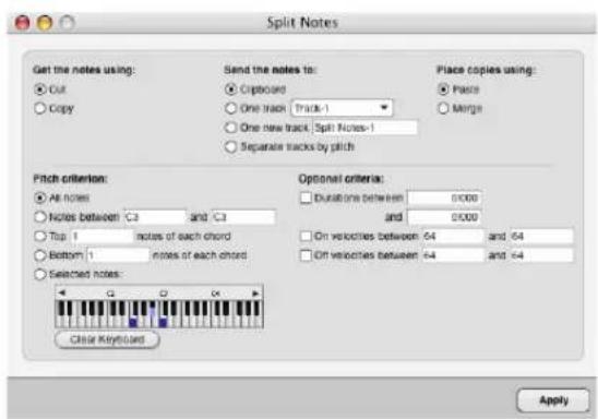 Split Notes Get the notes using: Cut Copy Send the notes to: Clipboard One track Track-1 One new track Split Notes-1 Separate tracks by pitch Place copies using: Paste Merge Pitch criterion: All notes Notes between C3 and C3 Top 1 notes of each chord Bottom 1 notes of each chord Selected notes: Optional criteria: Durations between 0.000 and 0.000 On velocities between 64 and 64 Off velocities between 64 and 64 Clear Keyboard Apply