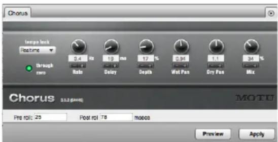 Chorus Tempo lock Routime Through zero 2.4 Hz 19 ms 17 % Rate Delay Delay Depth Wet Fan Dry Fan Mix Chorus 33.2 (MHz) MOTU Pre roll: 25 Post roll 78 ms00s Preview Apply