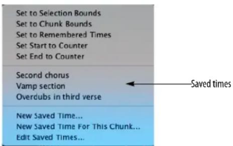 Set to Selection Bounds Set to Chunk Bounds Set to Remembered Times Set Start to Counter Set End to Counter Second chorus Vamp section Overdubs in third verse New Saved Time... New Saved Time For This Chunk... Edit Saved Times...