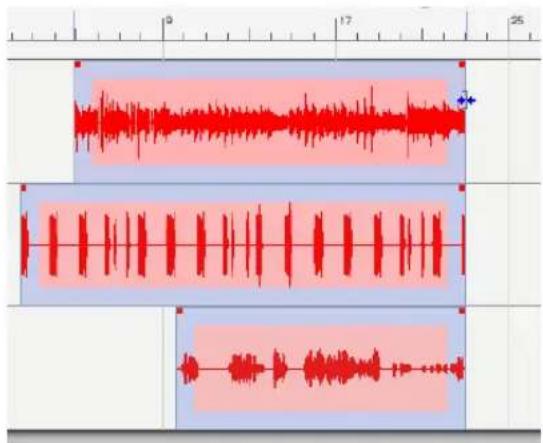 Audio waveform display showing three distinct audio tracks with red and blue channels, scale markings at 0, 17, and 25.