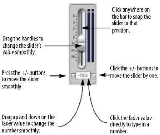 Drag the handles to change the slider's value smoothly. Press the +/- buttons to move the slider smoothly. Drag up and down on the fader value to change the number smoothly. Click anywhere on the bar to snap the slider to that position. Click the +/- buttons to move the slider by one. Click the fader value directly to type in a number.