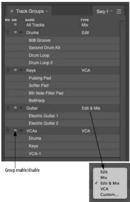 Track Groups Seq-1 MV ON NAME TYPE All Tracks Mix Drums Edit 808 Groove Second Drum Kit Drum Loop Drum Loop 2 Keys VCA Pulsing Pad Softer Pad 8th Note Filter Pad BellHarp Guitar Edit & Mix Electric Guitar 1 Electric Guitar 2 VCAs VCA Drums Keys VCA-1 Edit Mix ✓ Edit & Mix VCA Custom... Group enable/disable
