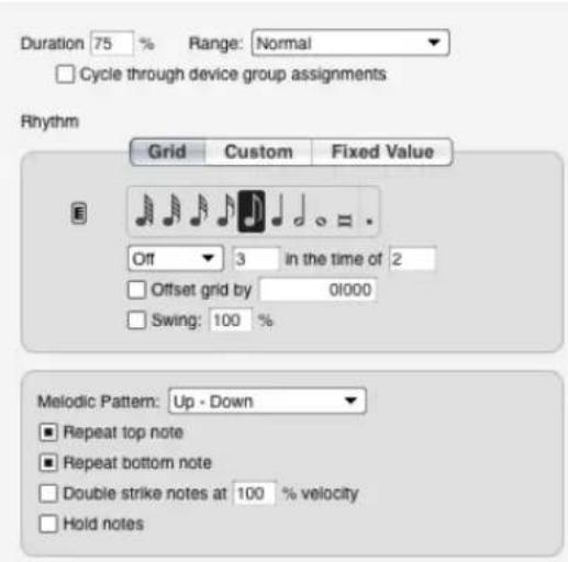 Duration 75 % Range: Normal Cycle through device group assignments Rhythm Grid Custom Fixed Value Off 3 in the time of 2 Offset grid by 01000 Swing: 100 % Melodic Pattern: Up - Down Repeat top note Repeat bottom note Double strike notes at 100 % velocity Hold notes