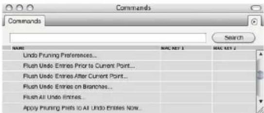 Commands Commands NAME MAC KEY 1 MAC KEY 2 Undo Pruning Preferences... Flush Unde Entries Prior to Current Point... Flush Unde Entries After Current Point... Flush Unde Entries on Branches... Flush All Unde Entries... Apply Pruning Prefs to All Unde Entries Now...
