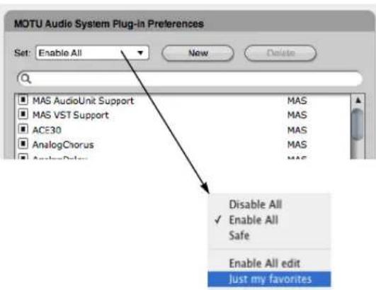MOTU Audio System Plug-In Preferences Set: Enable All New Delete MAS AudioUnit Support MAS VST Support ACE30 AnalogChorus AnalogColor MAS MAS MAS MAS Disable All ✓ Enable All Safe Enable All edit Just my favorites