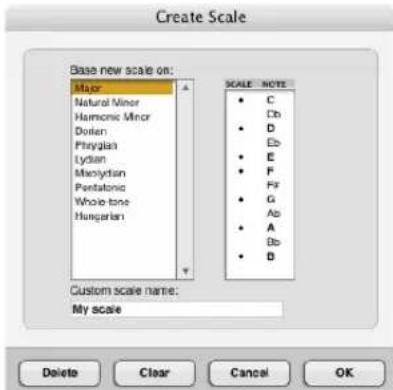 Create Scale Base new scale on: Major Natural Minor Harmonic Minor Dorien Phrygian Lydian Mnoxytian Pentatonic Whole tone Hungarian SCALE NOTE C Db D Eb E F PF G Ab A Bb B Custom scale name: My scale Delete Clear Cancel OK