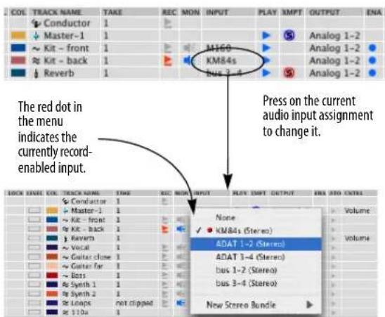 The red dot in the menu indicates the currently record-enabled input. Press on the current audio input assignment to change it.