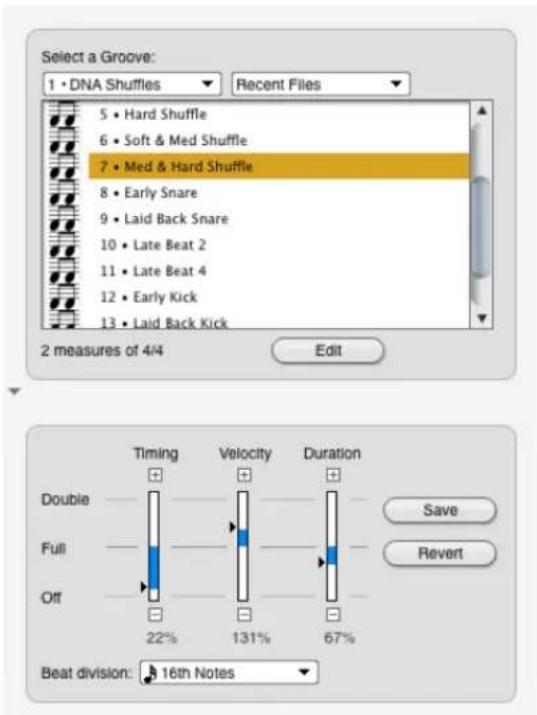 Select a Groove: 1 • DNA Shuffles Recent Files 5 • Hard Shuffle 6 • Soft & Med Shuffle 7 • Med & Hard Shuffle 8 • Early Snare 9 • Laid Back Snare 10 • Late Beat 2 11 • Late Beat 4 12 • Early Kick 13 • Laid Back Kick 2 measures of 4/4 Edit Timing Velocity Duration Double Full Off 22% 131% 67% Beat division: 16th Notes Save Revert