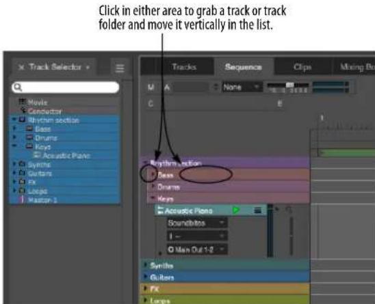 Click in either area to grab a track or track folder and move it vertically in the list. Track Selector M A None Clips Mixing Bo C Rhythm Action Bass Drums Keys Acoustic Piano Sound effect 1 - Man Out 1-2 Synthe Gutters Fix Longs