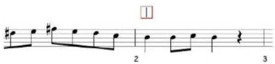 Musical notation snippet showing a treble clef with notes, rests, and a numbered note at the end of the staff