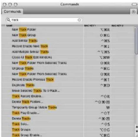 Commands track NAME New Track Potor New Track Group Add Similar Tracks Record Enable Next Track Add Multiple Similar Tracks Close All Track Edit Windows New Track Potor From Selected Tracks Ungroup Tracks New Track Potor From Selected Tracks Record Enable Previous Track Duplicate Tracks Move Selected Tracks To V-Rack... Track Record Enable... Delete Track Polders... Temporarily Group Visible Tracks Track Play Enable... Delete Tracks Track Solo... Track Groups Track Group Enable...