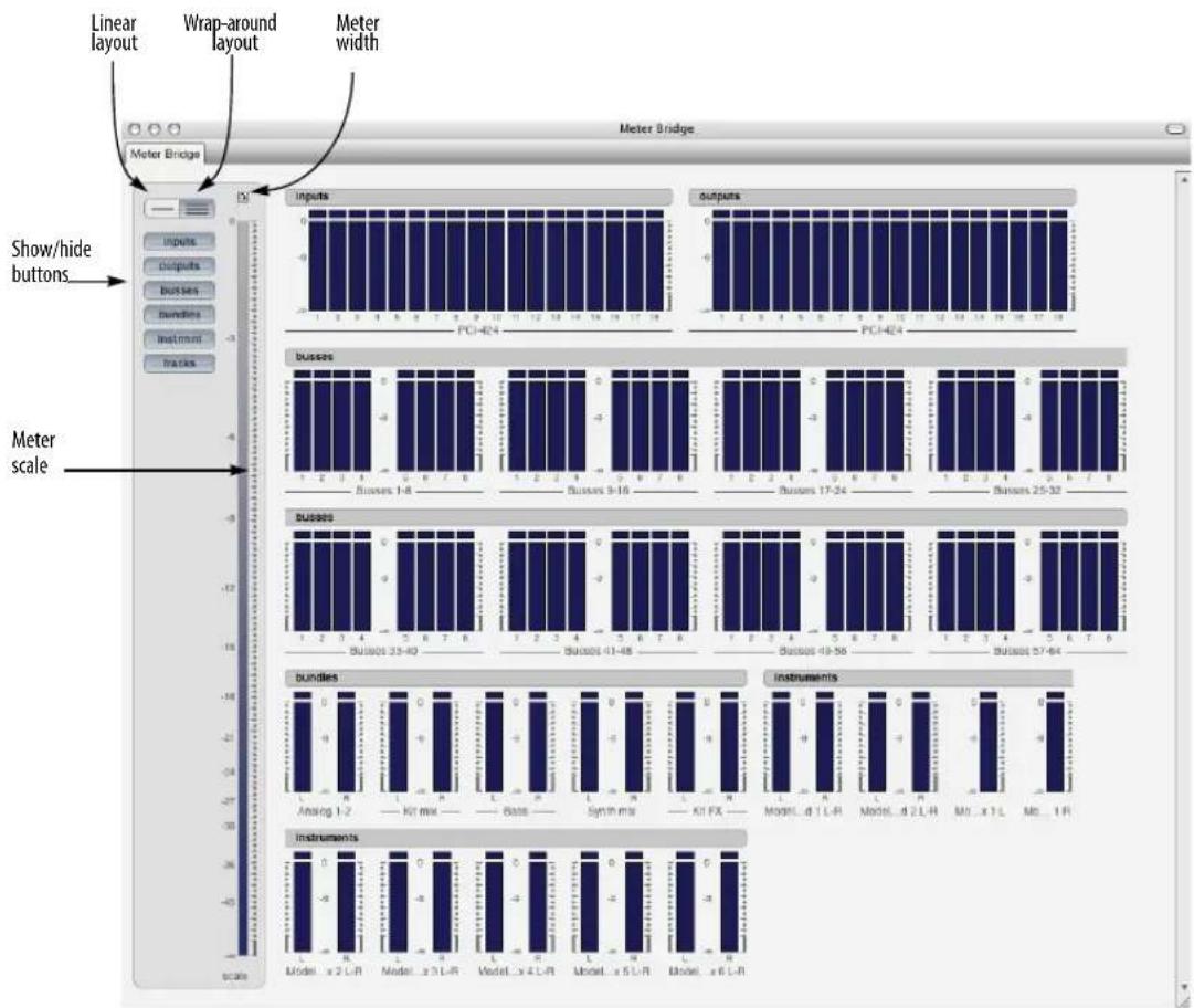 Linear layout Wrap-around layout Meter width Meter Bridge Show/hide buttons Meter scale Inputs outputs busses bundles instruments L Model x 2 L-R L Model x 3 L-R L Model x 4 L-R L Model x 5 L-R L Model x 6 L-R PCI-424 PCI-424 Busses Busses 1-8 Busses 9-16 Busses 17-24 Busses 25-32 Busses 33-40 Busses <11-48 Busses <9-56 Busses 57-64 Analog 1-2 KU mix Base Synth mix KIT FX Model_d 1 L-R Model_d 2 L-R M1...x 1 L M2... 1 F1