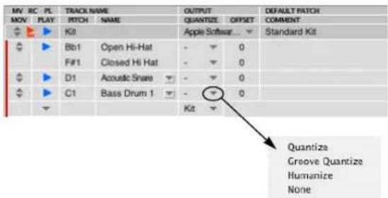 MV RC PL TRACK NAME OUTPUT DEFAULT PATCH MOV PLAY PITCH NAME QUANTIZE OFFSET COMMENT Kit Apple Softwar_ Standard Kit Bb1 Open Hi-Hat - 0 F#1 Closed Hi Hat - 0 D1 Acoustic Snare - 0 C1 Bass Drum 1 - 0 Kit Quantize Groove Quantize Humanize None