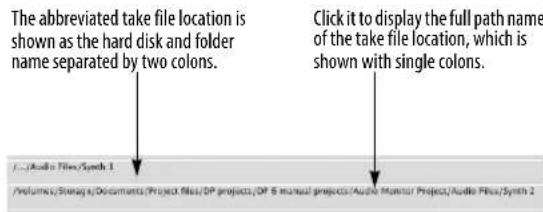 The abbreviated take file location is shown as the hard disk and folder name separated by two colons. Click it to display the full path name of the take file location, which is shown with single colons. /...Audio Files/Synth 1 /Volumes/Storage/Documents/Project files/DP projects/DP & manual projects/Audio Monitor Project/Audio Files/Synth 2