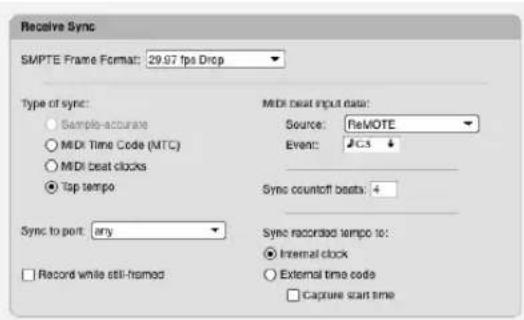 Receive Sync SMPTE Frame Format: 29.97 fps Drop Type of sync: ● Sample-accurate ○ MIDI Time Code (MTC) ○ MIDI beat clocks ● Top tempo Sync to port: any Record while still-hrsted MIDI beat input data: Source: ReMOTE Event: C3 Sync countoff beats: 4 Sync recorded tempo to: ● Internal clock ○ External time code □ Capture start time