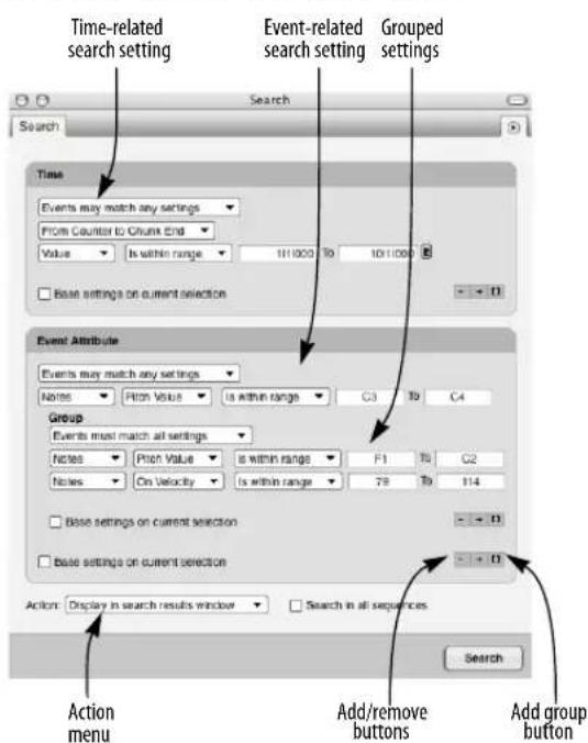 Time-related search setting Event-related search setting Grouped settings Search Time Events may match any settings From Counter to Chunk End Value Is within range 1011000 To 1011000 Base settings on current selection Event Attribute Events may match any settings Notes Pitton Value Is within range C3 To C4 Group Events must match all settings Notes Pitch Value Is within range F1 To C2 Notes On Velocity Is within range 79 To 114 Base settings on current selection Base settings on current selection Action: Display in search results window Search in all sequences Add/remove buttons Add group button Action menu