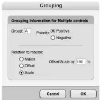 Grouping Grouping Information for Multiple controls Group: A Polarity: ● Positive ○ Negative Relation to master: ○ Match ○ Offset ● Scale Offset/Scale by 100 % Cancel OK