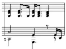 Musical score snippet with treble and bass clefs, showing notes and rests in 5/4 time signature