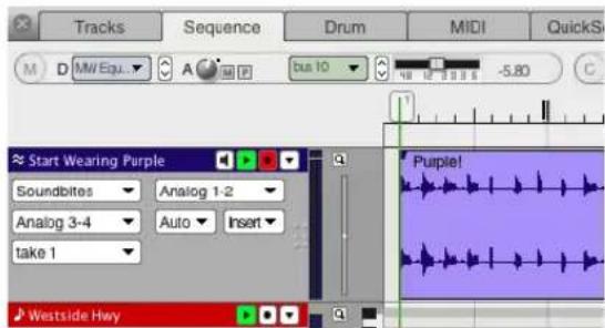Tracks Sequence Drum MIDI QuickSh M D MW Equ. A 10 Bus 10 -5.80 Start Wearing Purple Soundbites Analog 1-2 Analog 3-4 Auto Insert take 1 Purple! Westside Hwy