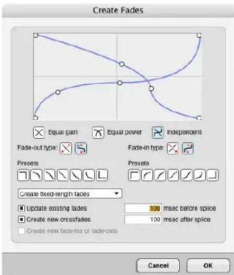 Create Fades Equal gain Equal power Independents Fade-out type: Fade-in type: Presets Presets Create fixed-length faces Update existing fades 100 msac before splice Create new crossfades 100 msac after splice Create new face-ins or fade-outs Cancel OK