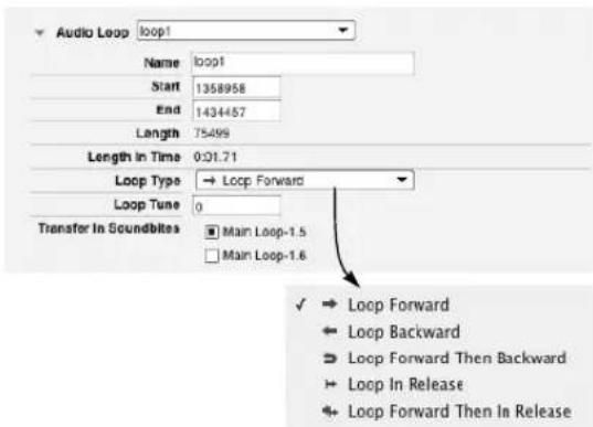 Audio Loop loop1 Name loop1 Start 1358958 End 1434457 Length 75499 Length in Time 0:01.71 Loop Type → Loop Forward Loop Tune 0 Transfer In Soundblites Main Loop-1.5 Main Loop-1.6 ✓ → Loop Forward ← Loop Backward → Loop Forward Then Backward → Loop In Release ← Loop Forward Then In Release