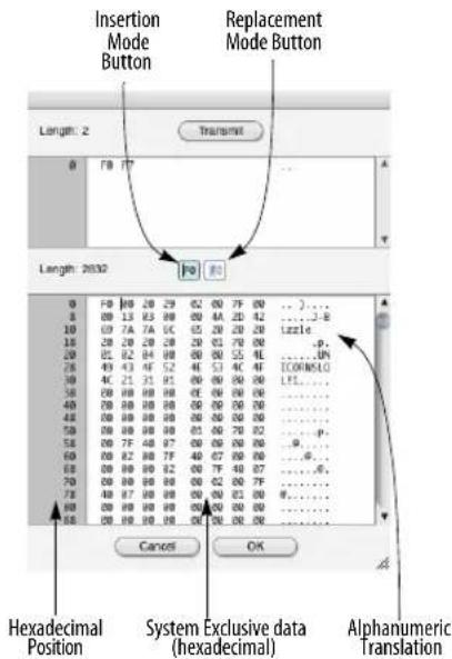 Insertion Mode Button Replacement Mode Button Length: 2 Transmit Length: 2030 F0 F1 Hexadecimal Position System Exclusive data (hexadecimal) Alphanumeric Translation Cancel OK