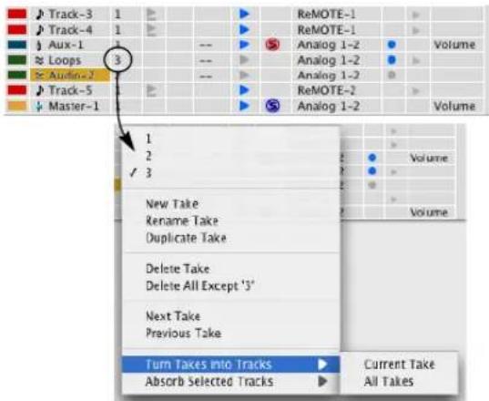 Track-3 1 Track-4 1 Aux-1 Loops Audio-2 Track-5 Master-1 3 ReMOTE-1 ReMOTE-1 Analog 1-2 Analog 1-2 Analog 1-2 Analog 1-2 Analog 1-2 Volume Volume New Take Rename Take Duplicate Take Delete Take Delete All Except '3' Next Take Previous Take Turn Takes into Tracks Absorb Selected Tracks Current Take All Takes