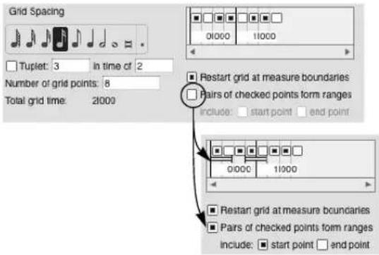 Grid Spacing Tuplet: 3 in time of 2 Number of grid points: 8 Total grid time: 2000 01000 11000 Restart grid at measure boundaries Pairs of checked points form ranges include: start point end point 01000 11000 Restart grid at measure boundaries Pairs of checked points form ranges include: start point end point