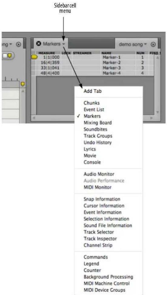 Sidebar cell menu Markers demo song MEASURE LOCK STREAMER NAME NUM FIND 1|1|000 Marker-1 1 16|4|359 Marker-2 2 33|1|041 Marker-3 3 48|4|400 Marker-4 4 Add Tab Chunks Event List ✓ Markers Mixing Board Soundbites Track Groups Undo History Lyrics Movie Console Audio Monitor Audio Performance MIDI Monitor Snap Information Cursor Information Event Information Selection Information Sound File Information Track Selector Track Inspector Channel Strip Commands Legend Counter Background Processing MIDI Machine Control MIDI Device Groups