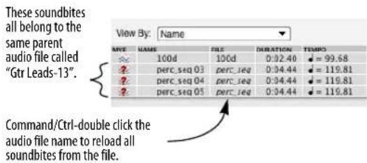 These soundbites all belong to the same parent audio file called "Gtr Leads-13". Command/Ctrl-double click the audio file name to reload all soundbites from the file.