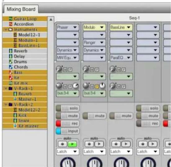 Mixing Board Guitar Loop Accordion Instruments Model12-1 Modulo-1 BasLine-1 Reverb Delay Drums Chords Bass Kit Kit mix V-Rack-1 Reverb Master-1 V-Rack-2 Model12-2 Kick Spare Kit master Seq-1 Phaser Modulo BasLine Flange Dynamics Dynamics MW Equ.. ParaEQ... bus34 bus34 solo mute rec input auto auto- Latch Latch Latch Latch Auto- Latch Auto- Latch