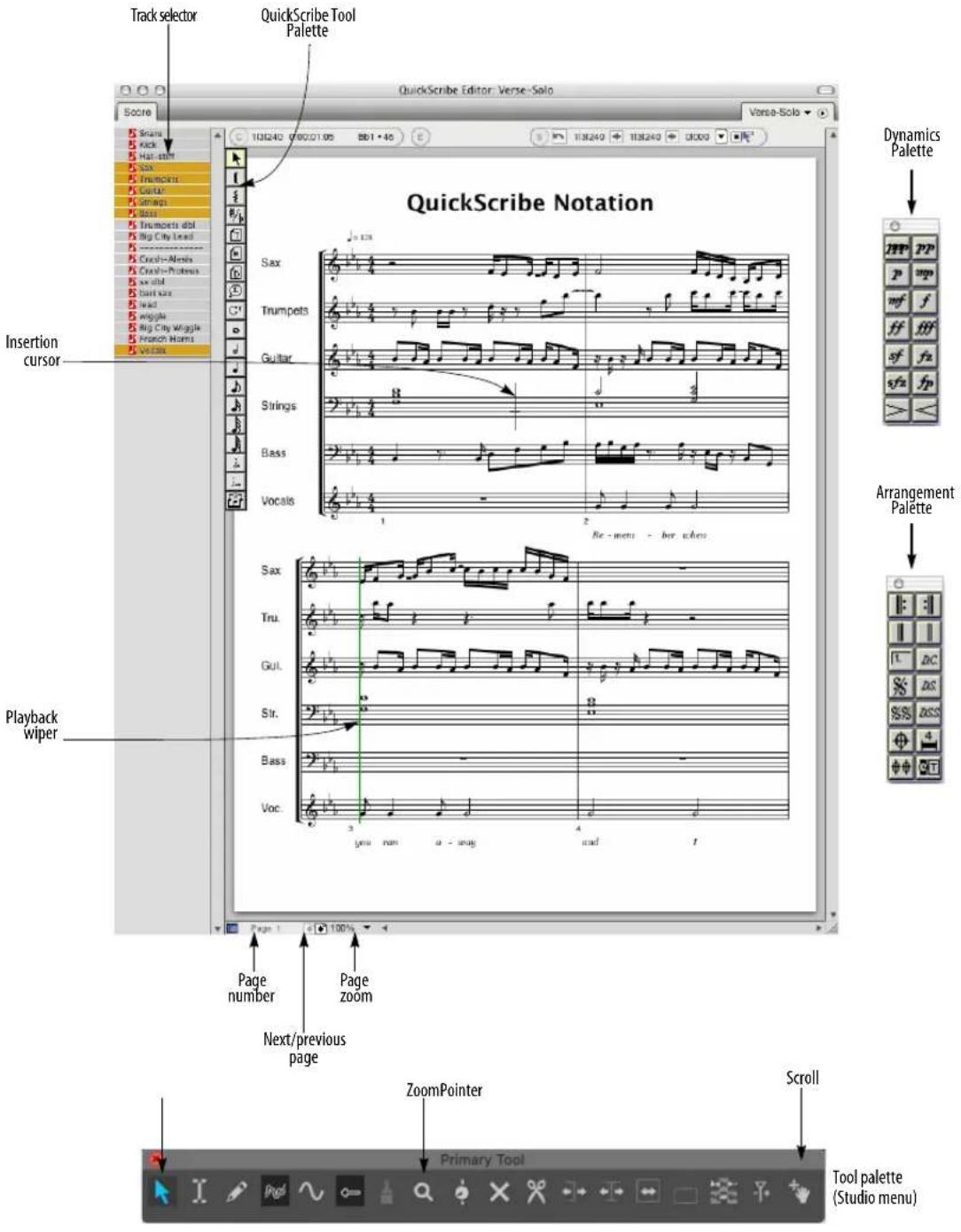 Track selector QuickScribe Tool Palette QuickScribe Editor: Verse-Solo Verse-Solo Score 103240 000271.05 BB1 + 45 103240 103240 0000 Track selector QuickScribe Editor: Verse-Solo Insertion cursor Salix Kick Hat-start Sax Trumpets Cutter Strings Boss Trumpets dbl Big City Lead Crush-Meiss Crush-Proteus Sex dbl back size head wiggle Big City Wiggle French Worms Vocals Sax Trumpets Guitar Strings Bass Vocals Re - men - her when Playback wiper Page number Page zoom Next/previous page ZoomPointer Scroll Primary Tool Tool palette (Studio menu)