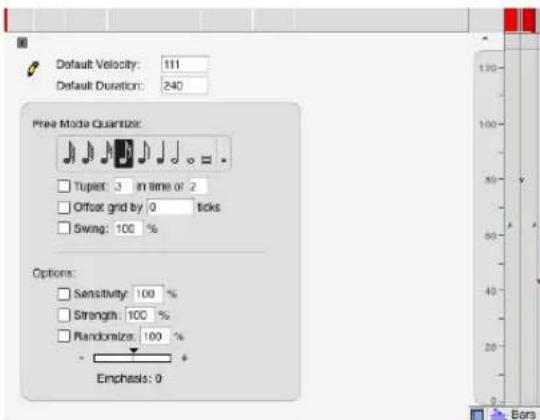 Default Velocity: 111 Default Duration: 240 Free Mode Quantize: Tuplet: 3 in time of 2 Offset grid by 0 ticks Swing: 100 % Options: Sensitivity: 100 % Strength: 100 % Randomize: 100 % Emchels: 0