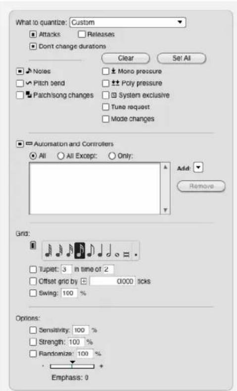 What to quantize: Custom Attacks Releases Don't change durations Clear Set All Notes Mono pressure Pitch bend Poly pressure Patch/song changes System exclusive Tune request Mode changes Automation and Controllers All All Except: Only: Add: Remove Grid: Tupiet: 3 in time of 2 Offset grid by 01000 ticks Swing: 100 % Options: Sensitivity: 100 % Strength: 100 % Randomize: 100 % Emphasis: 0