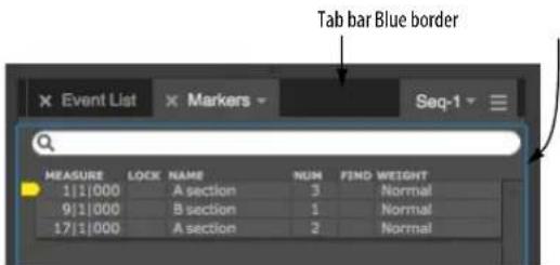 Tab bar Blue border Event List Markers Seq-1 MEASURE LOCK NAME NUM FIND WEIGHT 1|1|000 A section 3 Normal 9|1|000 B section 1 Normal 17|1|000 A section 2 Normal