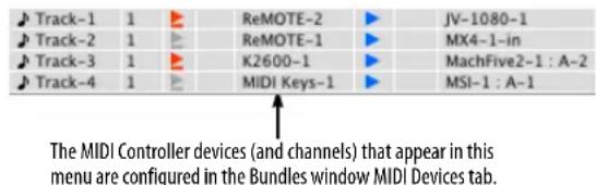 Track-1 1 ReMOTE-2 JV-1080-1 Track-2 1 ReMOTE-1 MX4-1-in Track-3 1 K2600-1 MachFive2-1 : A-2 Track-4 1 MIDI Keys-1 MSI-1 : A-1 The MIDI Controller devices (and channels) that appear in this menu are configured in the Bundles window MIDI Devices tab.