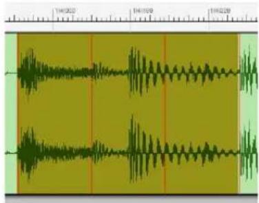 Audio waveform display showing multiple channels with time markers and scale indicators