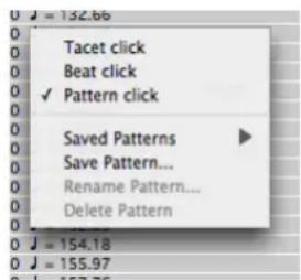 J = 132.66 Tacet click Beat click ✓ Pattern click Saved Patterns Save Pattern... Rename Pattern... Delete Pattern J = 154.18 J = 155.97